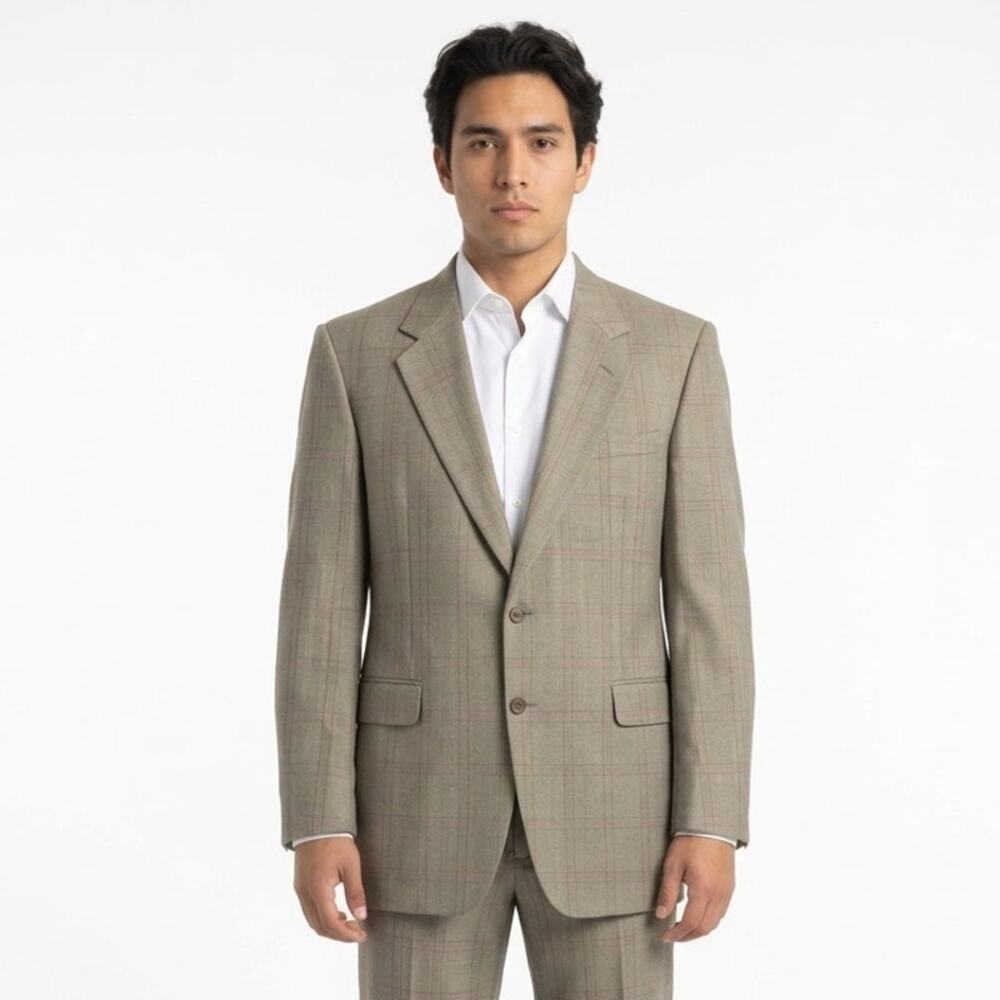 Canali Italy Sport Coat Blazer Mens 52 L Beige Plaid Wool Notch Lapel Two Button